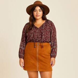 Guess Burnt Orange Suede-Look Mini Skirt with Front Zip – Size XL